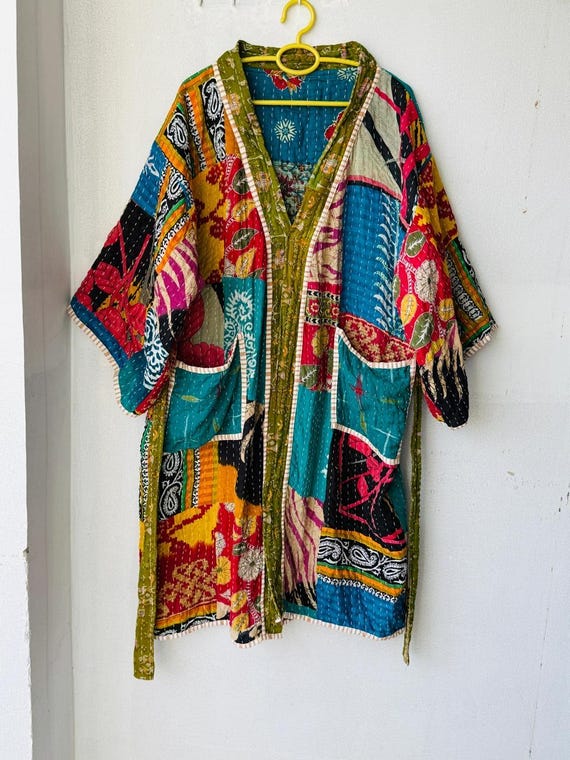 Handmade Vintage Kantha Robe: Bohemian Patchwork Kimono Jacket 1 pcs