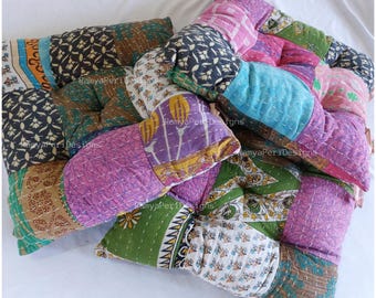 Vintage Kantha Patchwork Chair Pad: Handmade Cotton Seat Cushion 1 Pcs