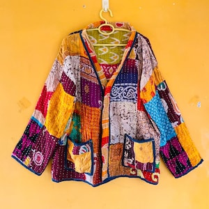 Kantha Jacket for Women, Reversible Cotton Patchwork Coat, Handmade Bohemian Outerwear