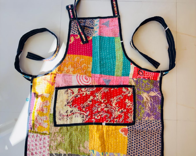 Vintage Patchwork Kantha Apron: 1 Pcs Handmade Quilted Cotton Kitchen Apron