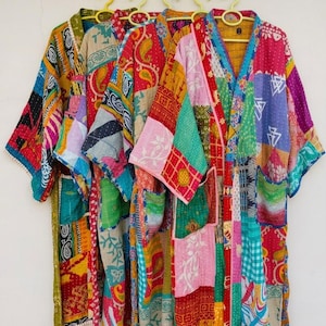 Vintage Kantha Patchwork Kimono Robe, Boho Cotton Jacket, One-of-a-Kind Ethical Fashion