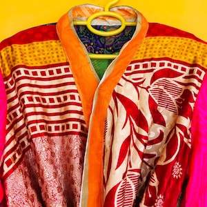 Vintage Art Silk Kimono Robe: Indian Sari Gown, Beach Coverup