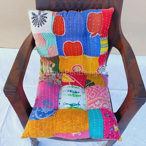 Handmade Patchwork Chair Cushions - Kantha Seat Pads with Ties | Upcycled Sari Floor Pillows | Boho Chair Pad | Colorful Home Decor