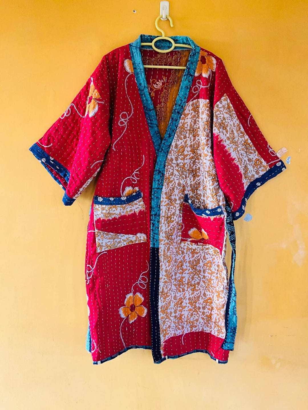Kantha Robe Vintage Kantha Kimono Robe: Handmade Quilted Cotton Indian Floral ...