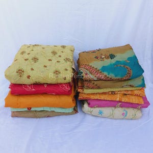 Recycled vintage Silk Sari 10 Pcs Lot Fabric Fat Quarter Yellow Turquoise Saree for Embellishment, Nuno Felting, Quilting, Gift Wrapping