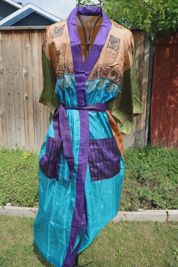 Handcrafted Silk Kimono Robe: Boho Patchwork Flor… - image 4