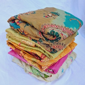 Assorted Vintage Silk Saree Fabric: 5 Yard Printed Sari for Sewing