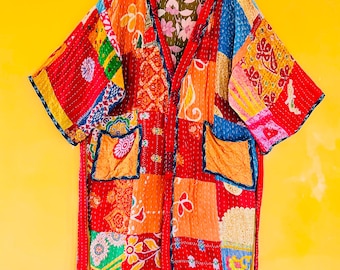 Handgemaakte vintage kantha-gewaad: boho patchwork kimonojack 1 st