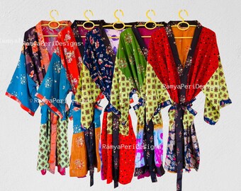 Conjunto de 5 kimonos de seda bohemios hechos a mano: ropa de estar por casa con patchwork