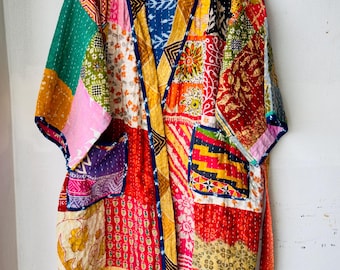 Handmade Vintage cotton Kantha Robe: Bohemian Patchwork Kimono Jacket 1 pcs
