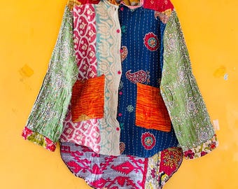 Kantha hoodiejas, handgemaakte katoenen capuchonjas, boho bloemen bovenkleding voor dames