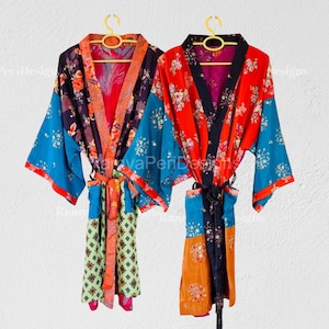 Bohemian Silk Saree Kimono Robe: Patchwork Loungewear Set