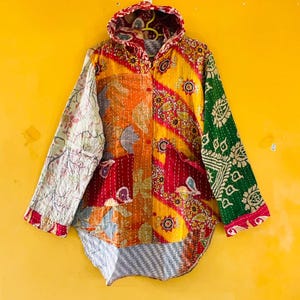 Women's Boho Kantha Hoodie, Vintage Cotton Patchwork Jacket, Handmade Quilted Coat