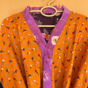 Bohemian Silk Kimono Robe: Recycled Sari Fabric, Floral Loungewear
