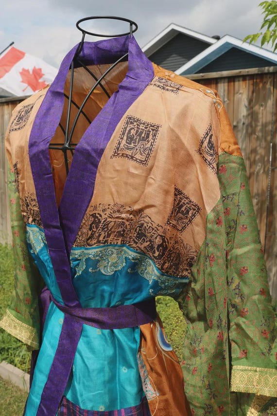 Handcrafted Silk Kimono Robe: Boho Patchwork Flor… - image 5