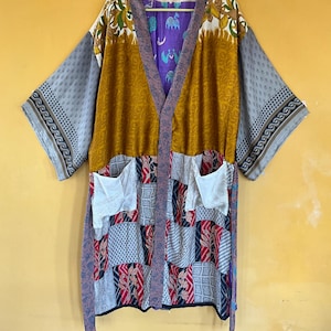 assorted Boho Patchwork Silk Robe: Recycled Sari Kimono Duster