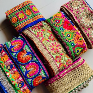 Embroidered Indian Sari Trim Border: Silk, Zari, & Mirror Details