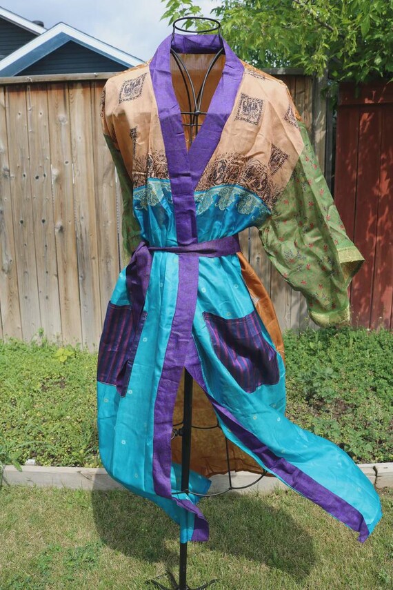 Handcrafted Silk Kimono Robe: Boho Patchwork Flor… - image 9