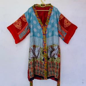 Vintage indischer Seiden-Sari-Kimono, Boho-Strandkleid, Geschenk für Brautjungfern