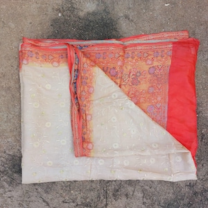 Vintage Silk Sari: Cream & Red Floral Woven Indian Saree - Craft Fabric