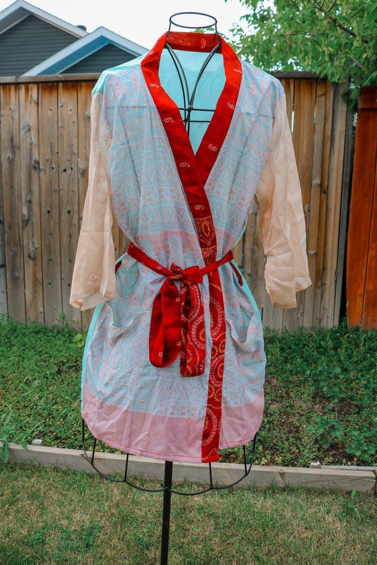 Upcycled Old Robe Upcycled Vintage Saree Kimono Robe: Boho Red Trim Duster Gift for Her ...