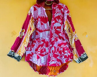 Giacca con cappuccio Kantha, cappotto con cappuccio in cotone fatto a mano, capospalla floreale boho per donna