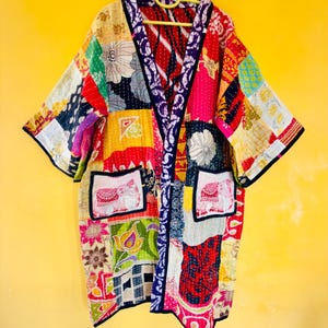 Hand Stitched Cotton Kantha Kimono Jacket: Multicolor Patchwork Handmade Quilted kimono Robe
