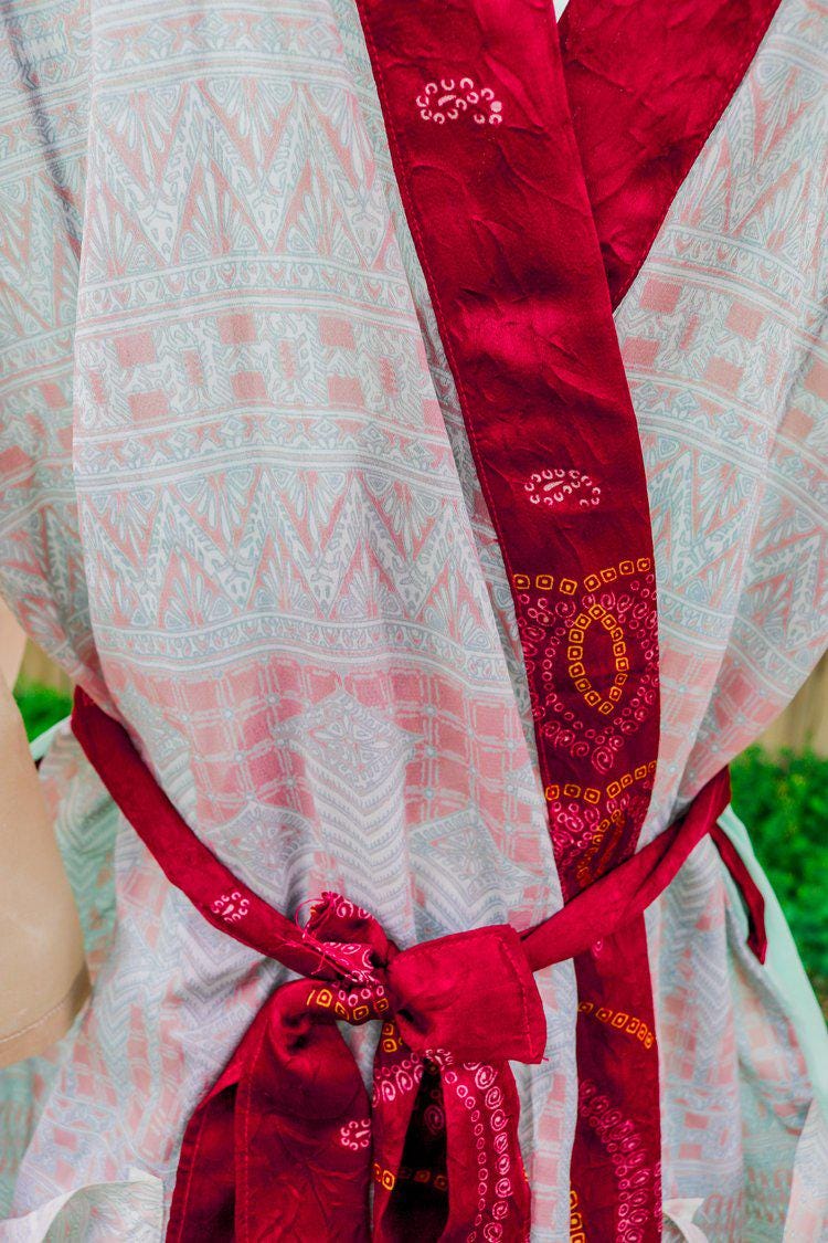 Upcycled Old Robe Upcycled Vintage Saree Kimono Robe: Boho Red Trim Duster Gift for Her ...