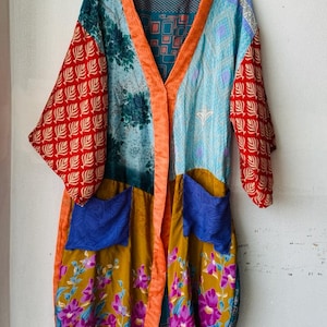 Handmade Patchwork Kimono Robe, Recycled Silk Boho Kimono, Lightweight Beach Cover Up, Gift for Women