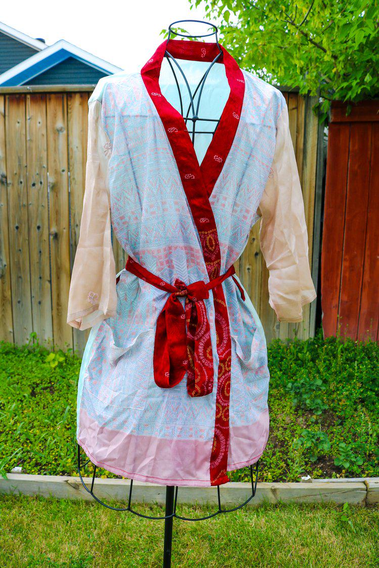 Upcycled Old Robe Upcycled Vintage Saree Kimono Robe: Boho Red Trim Duster Gift for Her ...