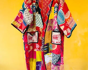 Assorted Colorful Vintage Kantha Patchwork Robe | Boho Kimono Jacket | Handmade Cotton Loungewear