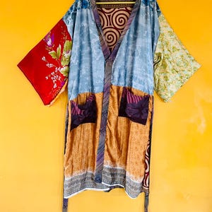 Vintage Silk Kimono Robe: Patchwork Bohemian Floral Loungewear Christmas gift