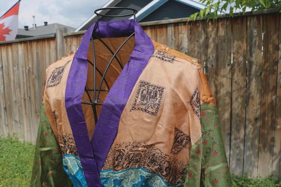 Handcrafted Silk Kimono Robe: Boho Patchwork Flor… - image 1