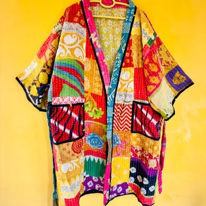 Patchwork Kantha Cotton Kimono Robe | Boho Patchwork Duster Jacket | Festival Wear