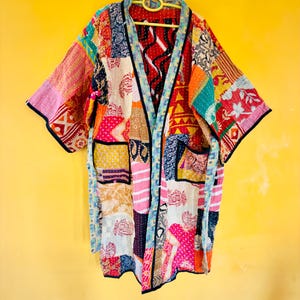 Geassorteerde Indiase vintage patchwork kantha quilt katoenen kimono, boho badjas lange badjas