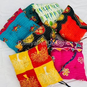 Handmade Kantha Cushion – Floor Seating Pillow, Boho Home Decor, Indian Patchwork, Eco Friendly Gift Idea Cotton Chair Pad 4 Pcs