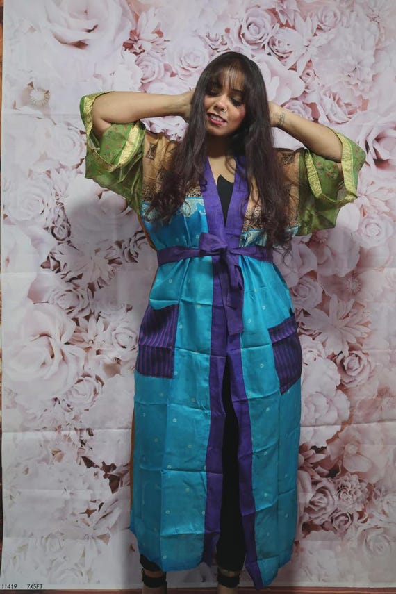 Handcrafted Silk Kimono Robe: Boho Patchwork Flor… - image 3