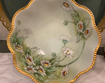 Hand Painted Porcelain Limoges France Large Bowl Garden Daisies Gold Trim Signed