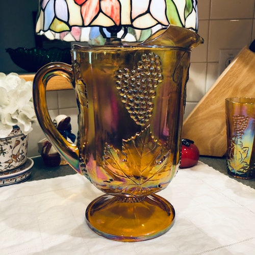 Colony Harvest Carnival Glass Amber shops 9 Piece Pitcher Cooler Set Grapes Leaves