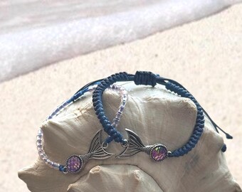 Bracelet queue de sirène scintillante sur cordon bleu ajustable, à perles ou à nœuds, cadeau pour les amoureux de la plage