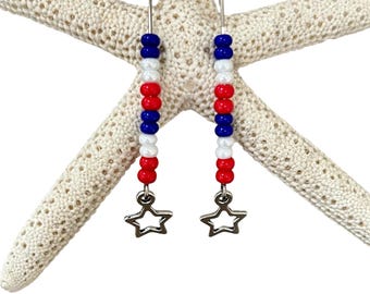 Boucles d'oreilles breloque étoile perles rouges, blanches et bleues, bijoux 4 juillet