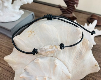 Olive Shell and Brown Leather Bracelet with Genuine Olive Shell from Florida Beach, Adjustable Bracelet, Beach Lover Gift