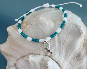 Bracelet de perles bleu canard, breloque ruban espoir réglable, bijoux de sensibilisation au cancer de l'ovaire