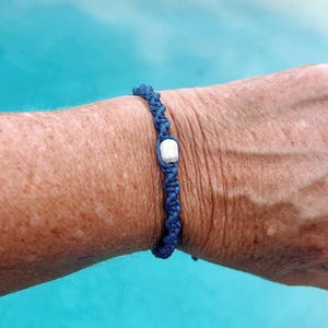 Freshwater Pearl Macrame Bracelet: Ocean Blue Cord, Adjustable Coastal Jewelry