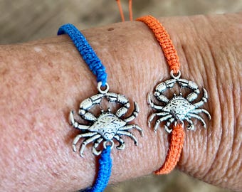 Bracelet en macramé crabe, bracelet cordon réglable orange ou bleu, cadeau pour amoureux de la plage, idée cadeau d'anniversaire de juillet, bijoux signe astrologique du cancer