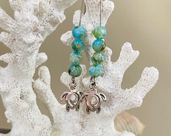 Boucles d'oreilles breloques tortue, perles vertes, turquoise et turquoise, cadeau pour les amoureux de la plage
