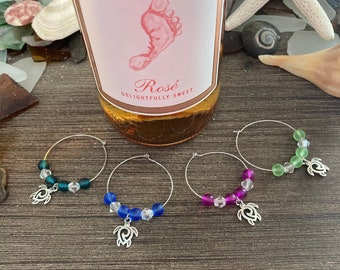 Turtle Wine Charms, Drink Tags, Sea Glass Beads, Beach Themed, Hostess Gift, Housewarming Present, Handcrafted, Father’s Day Gift