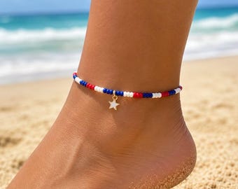 Bracelet ou chevillère patriotique à perles rouges, blanches et bleues avec breloque étoile, bijou USA, accessoire du 4 juillet