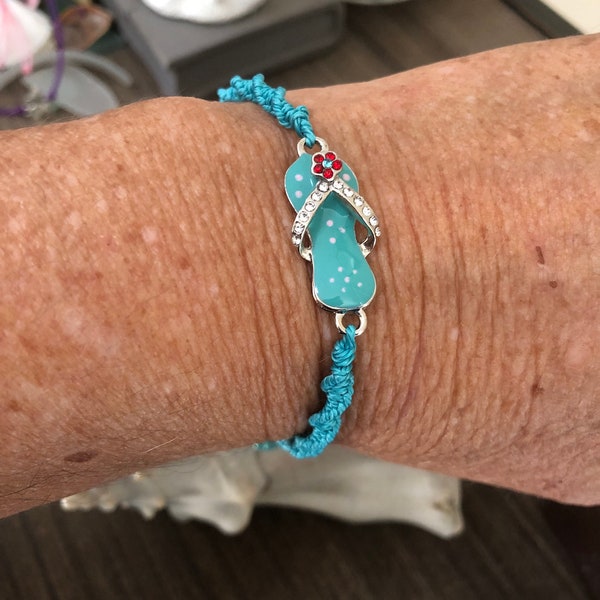 Turquoise Twisted Macrame Bracelet with Flip Flop Charm, Adjustable Bracelet, Beach Bum Gift, Mother’s Day Gift
