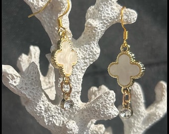 Mother of Pearl Clover Earrings, Birthstone Drop, Elegant Gift